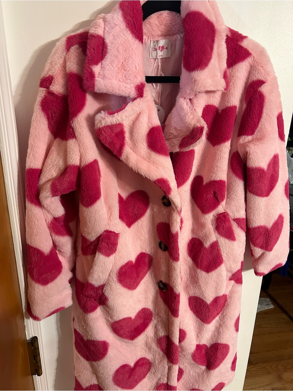 Buddy Love Pink Faux Fur Coat with Dark Pink Heart Print - Picture 5 of 10